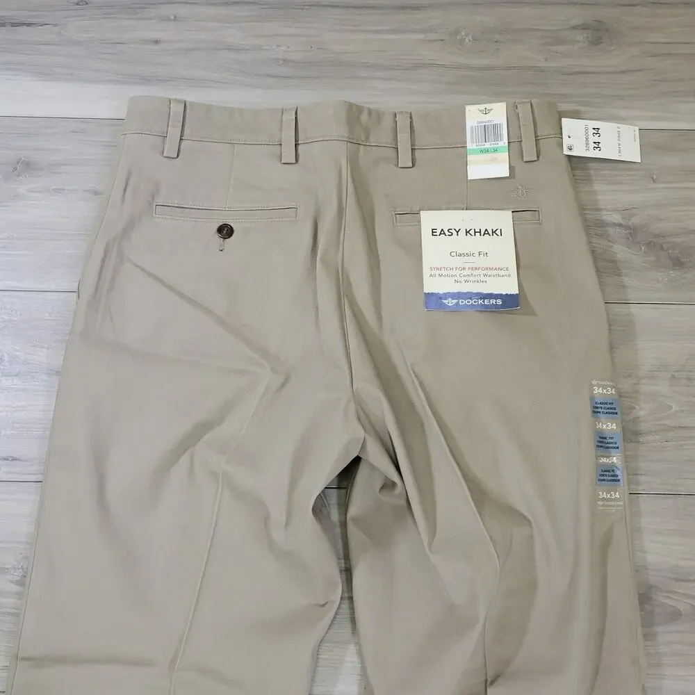 Dockers Pants Men's 34x34 Khaki Easy Khaki Classic Fit Stretch New